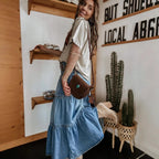 Denim Maxi Skirt | Tiered Button Front | Raw Hem | Boho-Myra Lina