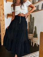 Denim Maxi Skirt | Tiered Button Front | Raw Hem | Boho-Myra Lina