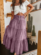 Denim Maxi Skirt | Tiered Button Front | Raw Hem | Boho-Myra Lina