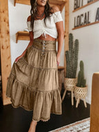 Denim Maxi Skirt | Tiered Button Front | Raw Hem | Boho-Myra Lina