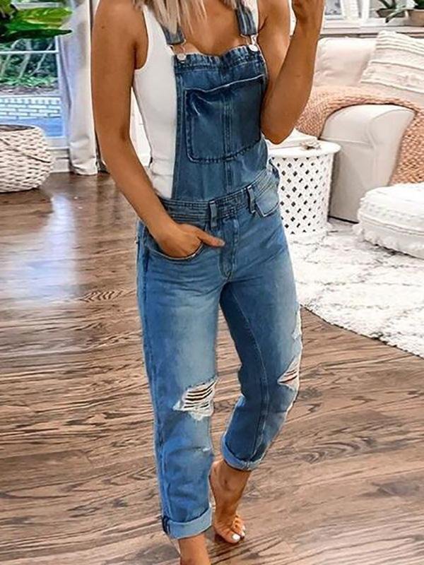 Denim Overalls – Ripped – Sleeveless – Denim Dungarees – Women's Denim Jumpsuit-Myra Lina