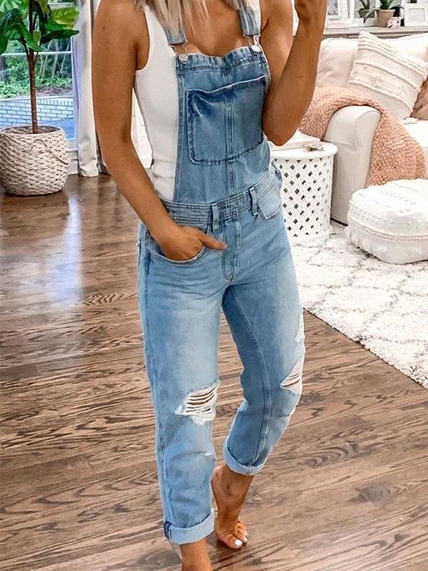 Denim Overalls – Ripped – Sleeveless – Denim Dungarees – Women's Denim Jumpsuit-Myra Lina