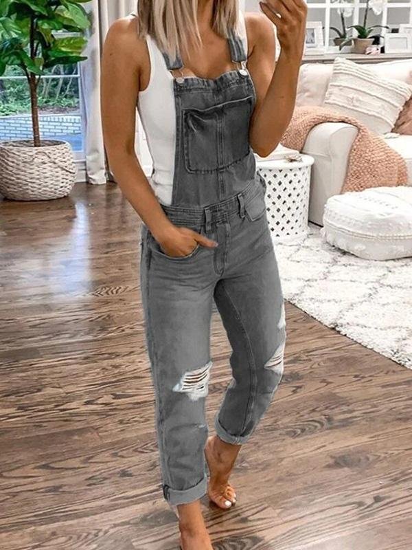 Denim Overalls – Ripped – Sleeveless – Denim Dungarees – Women's Denim Jumpsuit-Myra Lina
