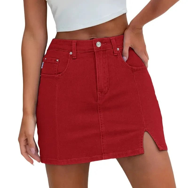 Denim Skirt | High Waisted Mini | Side Slit | Built In Shorts-Myra Lina