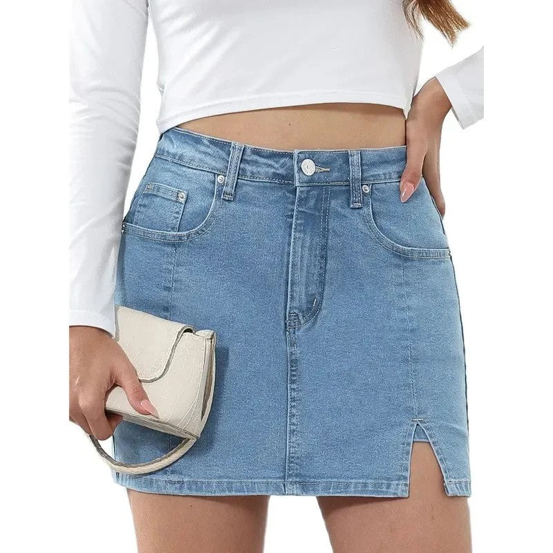 Denim Skirt | High Waisted Mini | Side Slit | Built In Shorts-Myra Lina