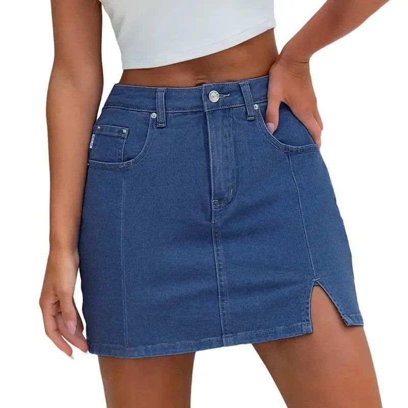 Denim Skirt | High Waisted Mini | Side Slit | Built In Shorts-Myra Lina
