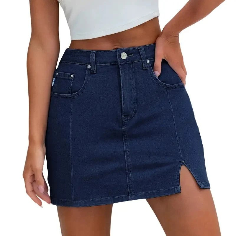 Denim Skirt | High Waisted Mini | Side Slit | Built In Shorts-Myra Lina