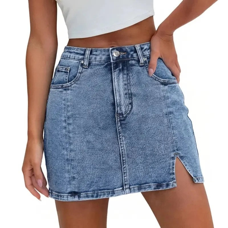 Denim Skirt | High Waisted Mini | Side Slit | Built In Shorts-Myra Lina