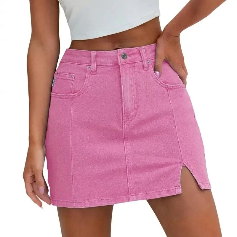 Denim Skirt | High Waisted Mini | Side Slit | Built In Shorts-Myra Lina