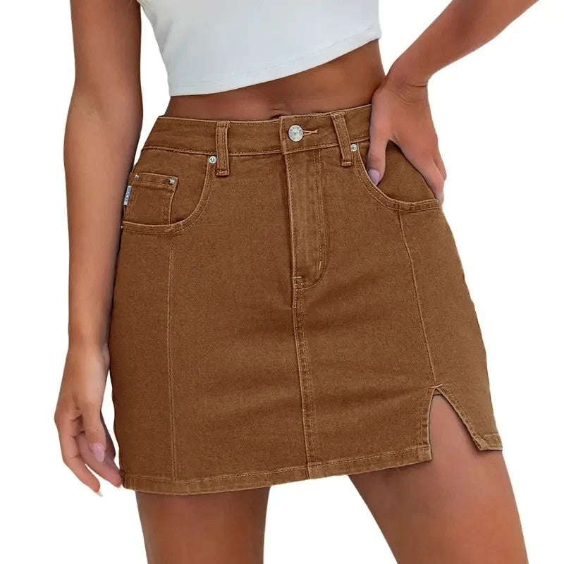 Denim Skirt | High Waisted Mini | Side Slit | Built In Shorts-Myra Lina