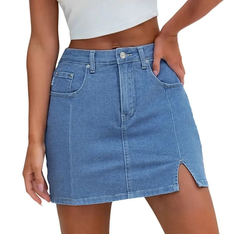 Denim Skirt | High Waisted Mini | Side Slit | Built In Shorts-Myra Lina