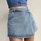 Denim Skort | Asymmetric Wrap Mini Skirt | High Waist | Pockets-Myra Lina