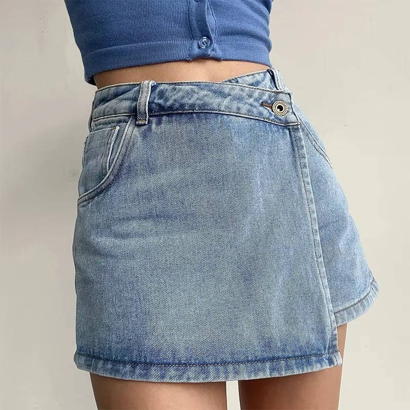 Denim Skort | Asymmetric Wrap Mini Skirt | High Waist | Pockets-Myra Lina
