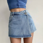Denim Skort | Asymmetric Wrap Mini Skirt | High Waist | Pockets-Myra Lina