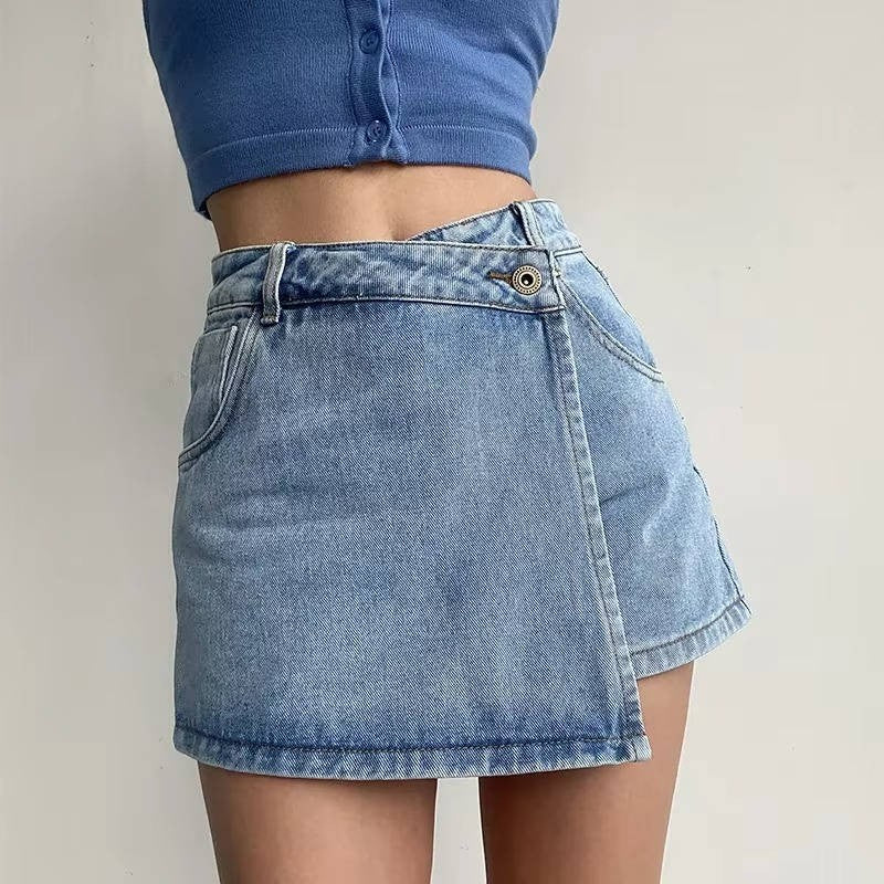 Denim Skort | Asymmetric Wrap Mini Skirt | High Waist | Pockets-Myra Lina