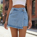 Denim Skort | Asymmetric Wrap Mini Skirt | High Waist | Pockets-Myra Lina