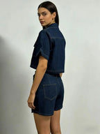 Denim Two Piece Set | Cropped Half Zip Top | Wrap Mini Skirt-Myra Lina