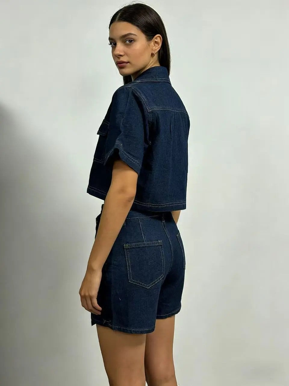 Denim Two Piece Set | Cropped Half Zip Top | Wrap Mini Skirt-Myra Lina