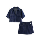 Denim Two Piece Set | Cropped Half Zip Top | Wrap Mini Skirt-Myra Lina