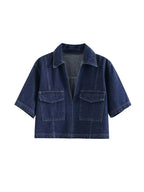 Denim Two Piece Set | Cropped Half Zip Top | Wrap Mini Skirt-Myra Lina