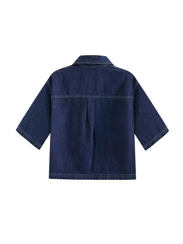 Denim Two Piece Set | Cropped Half Zip Top | Wrap Mini Skirt-Myra Lina