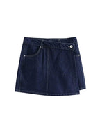 Denim Two Piece Set | Cropped Half Zip Top | Wrap Mini Skirt-Myra Lina