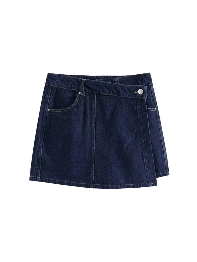 Denim Two Piece Set | Cropped Half Zip Top | Wrap Mini Skirt-Myra Lina