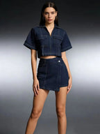 Denim Two Piece Set | Cropped Half Zip Top | Wrap Mini Skirt-Myra Lina