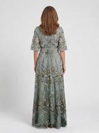 Embroidered Cotton Maxi Dress | V Neck-Myra Lina