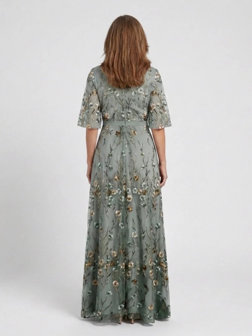 Embroidered Cotton Maxi Dress | V Neck-Myra Lina
