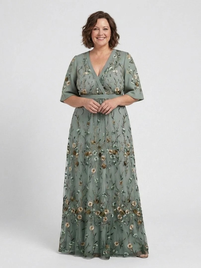 Embroidered Cotton Maxi Dress | V Neck-Myra Lina