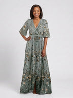 Embroidered Cotton Maxi Dress | V Neck-Myra Lina