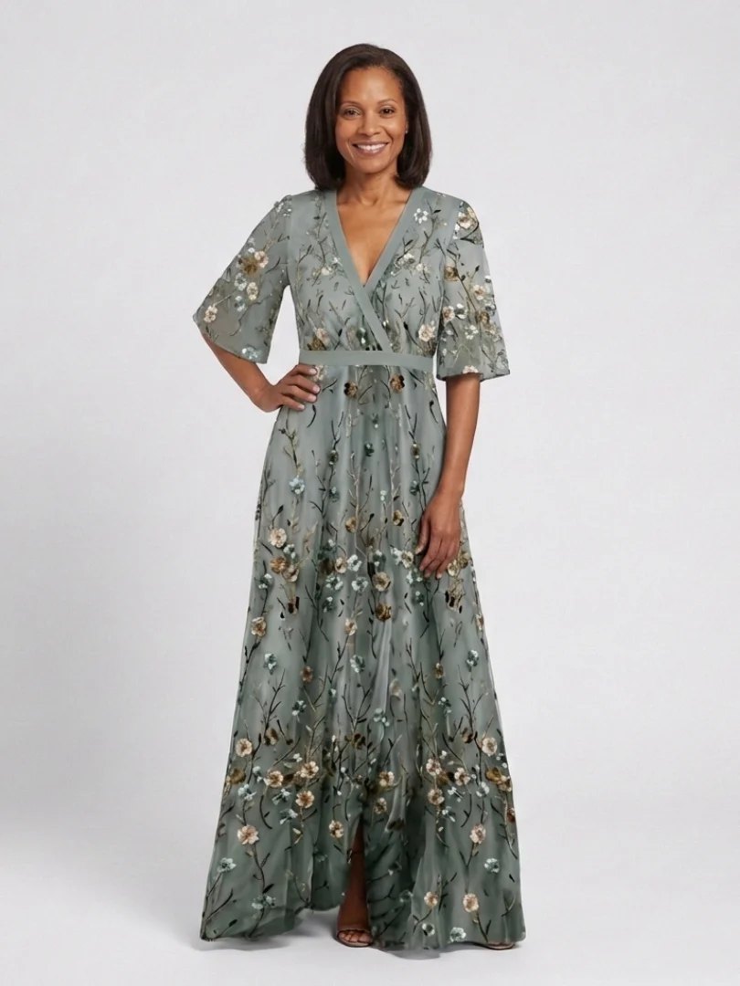 Embroidered Cotton Maxi Dress | V Neck-Myra Lina