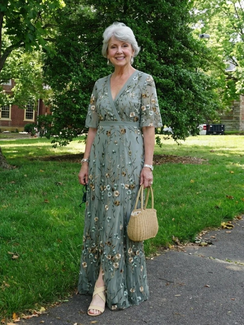 Embroidered Cotton Maxi Dress | V Neck-Myra Lina