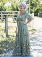Embroidered Cotton Maxi Dress | V Neck-Myra Lina