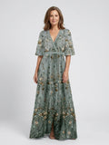 Embroidered Cotton Maxi Dress | V Neck-Myra Lina