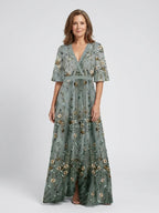 Embroidered Cotton Maxi Dress | V Neck-Myra Lina