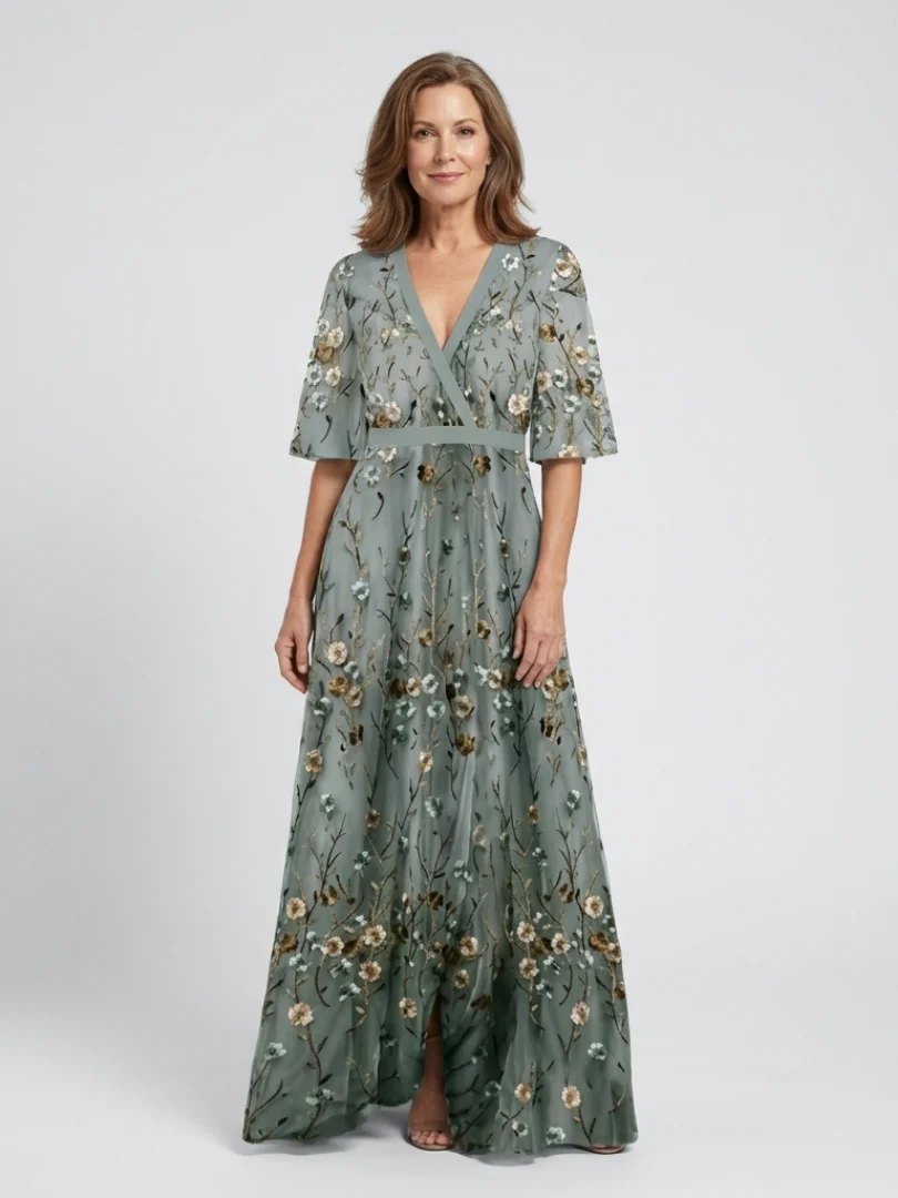 Embroidered Cotton Maxi Dress | V Neck-Myra Lina