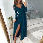 Evening Maxi Dress | V Neck | Long Sleeve | Slit-Myra Lina
