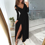 Evening Maxi Dress | V Neck | Long Sleeve | Slit-Myra Lina