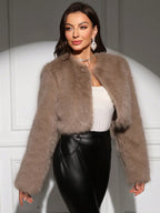 Faux Fur Jacket – Cropped Fluffy Open-Front Faux Fur Jacket for Women-Myra Lina