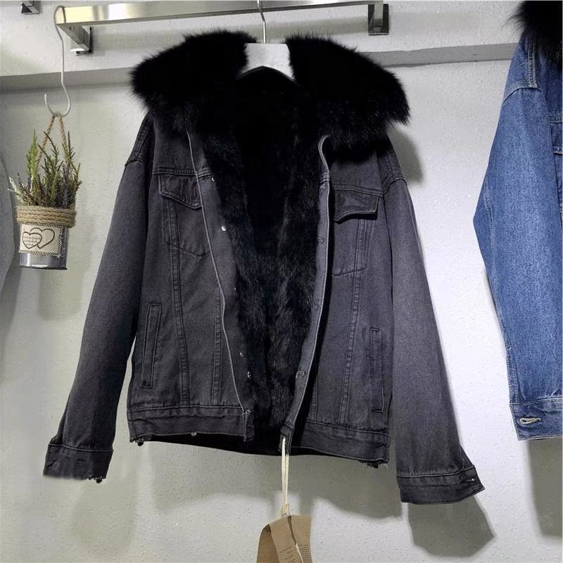 Faux Fur Lined Denim Jacket | Warm | Winter Denim Jacket | Women's Denim Jacket-Myra Lina