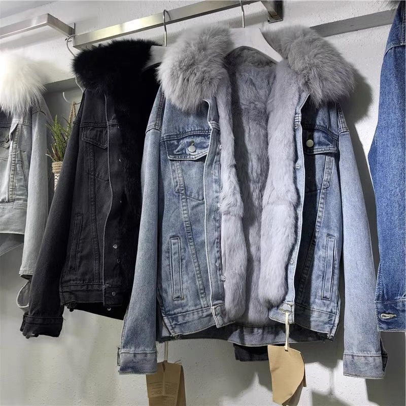 Faux Fur Lined Denim Jacket | Warm | Winter Denim Jacket | Women's Denim Jacket-Myra Lina