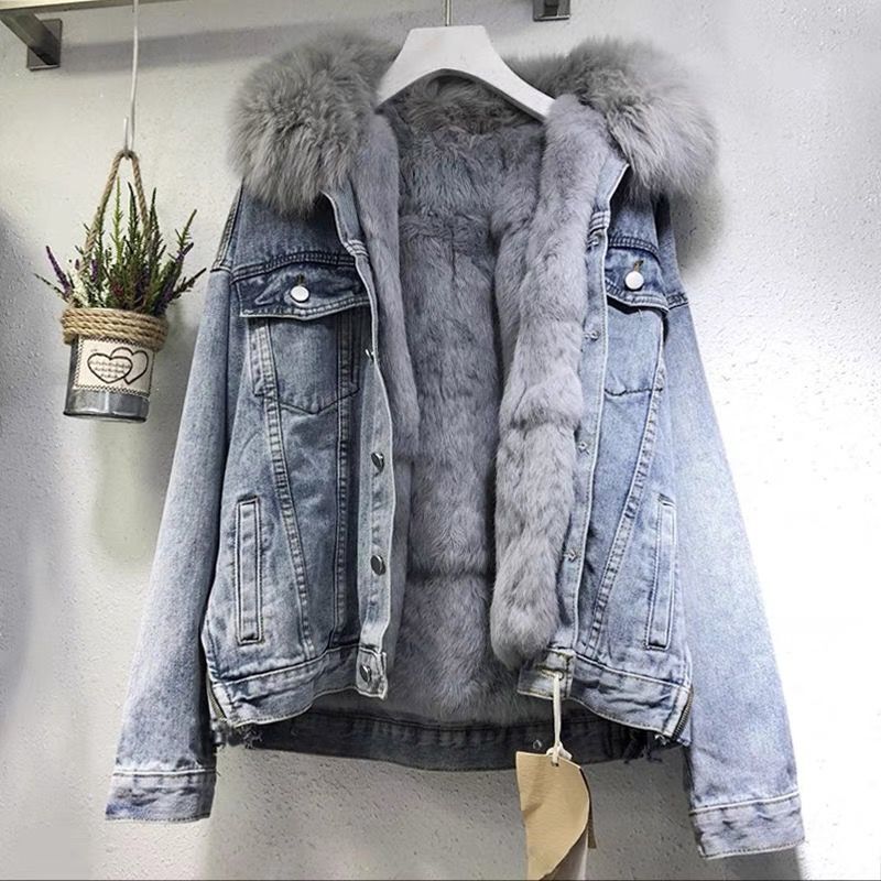 Faux Fur Lined Denim Jacket | Warm | Winter Denim Jacket | Women's Denim Jacket-Myra Lina