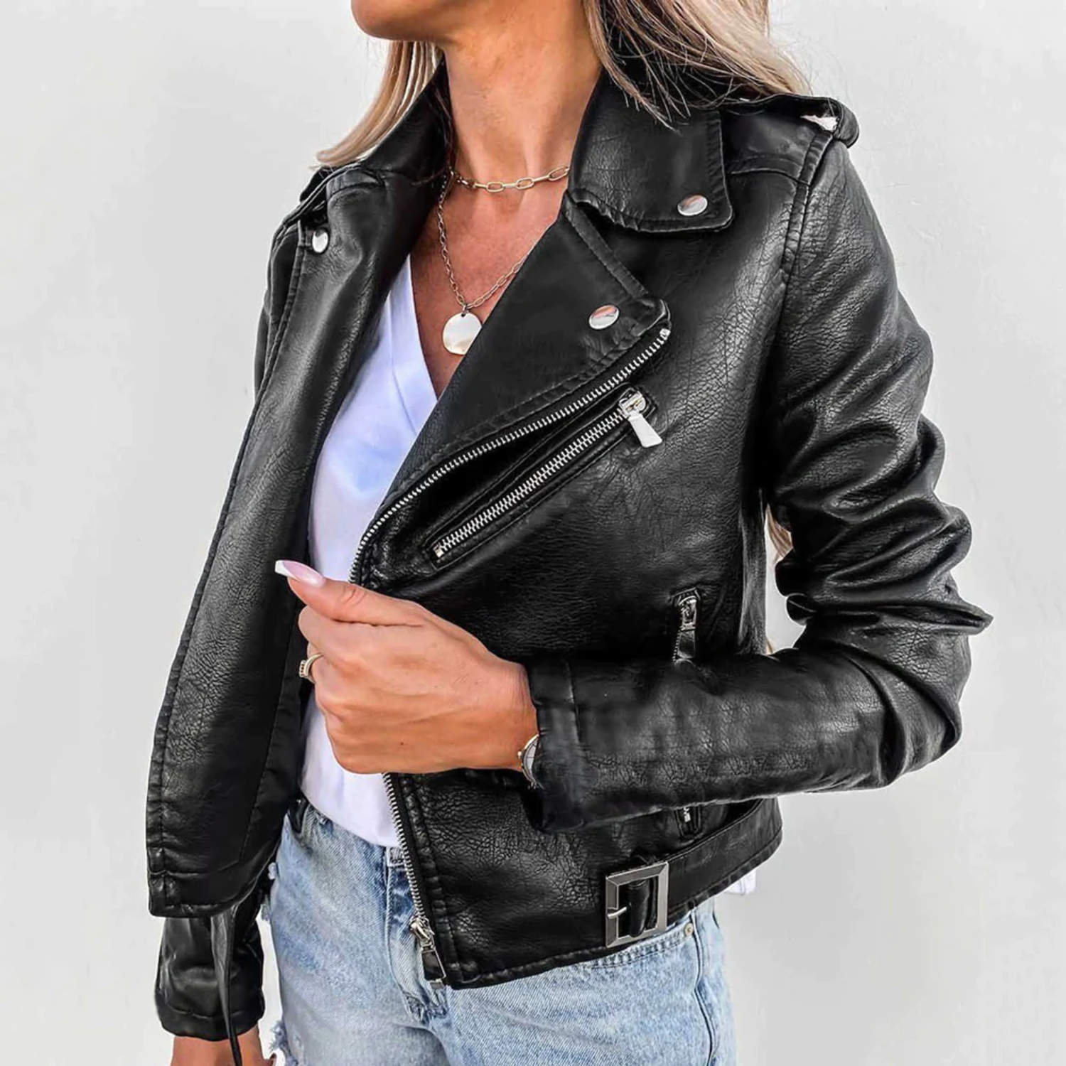 Faux Leather Jacket | Slim Fit | Belted | Biker Jacket | Women's Faux Leather Jacket-Myra Lina