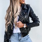 Faux Leather Jacket | Slim Fit | Belted | Biker Jacket | Women's Faux Leather Jacket-Myra Lina