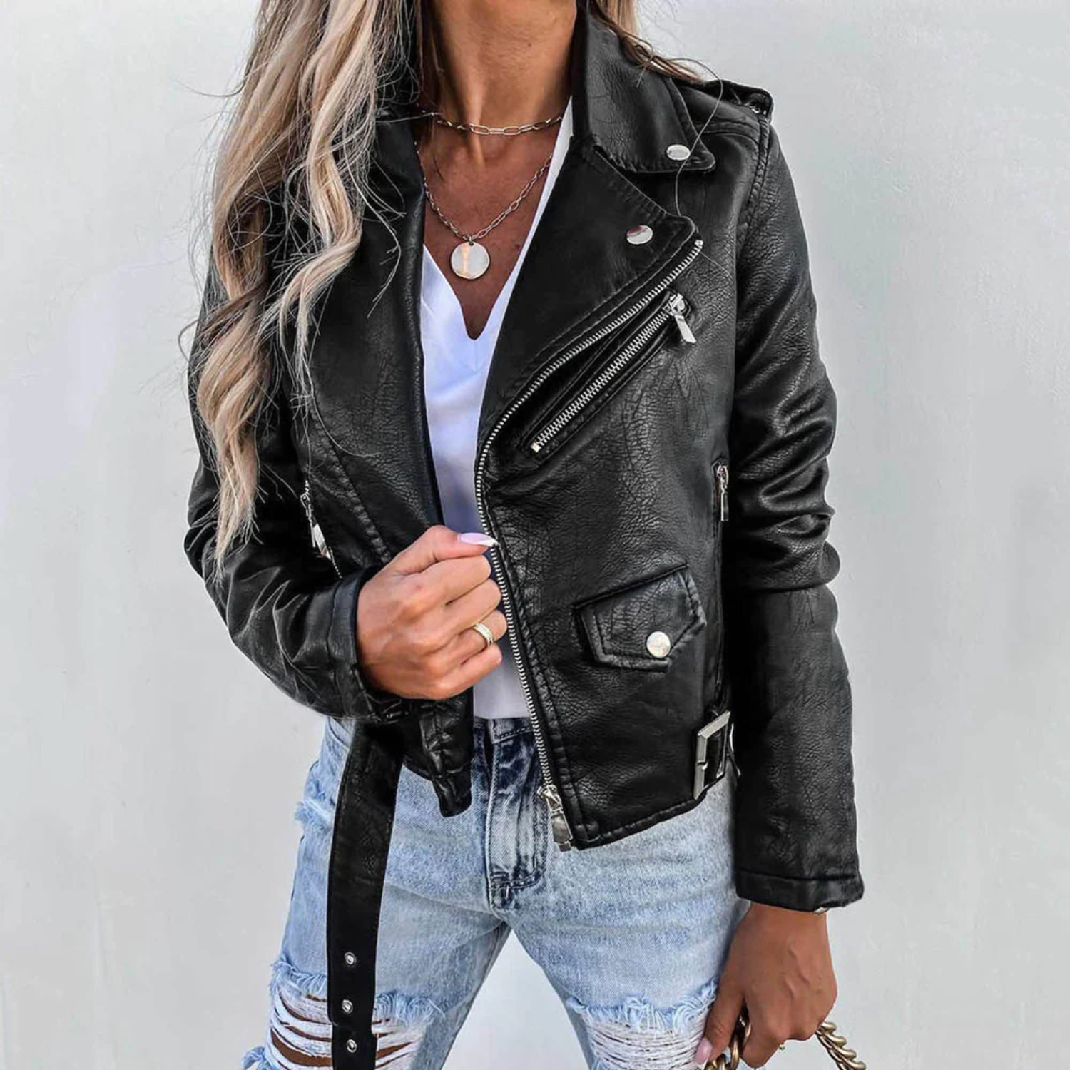 Faux Leather Jacket | Slim Fit | Belted | Biker Jacket | Women's Faux Leather Jacket-Myra Lina
