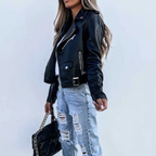 Faux Leather Jacket | Slim Fit | Belted | Biker Jacket | Women's Faux Leather Jacket-Myra Lina