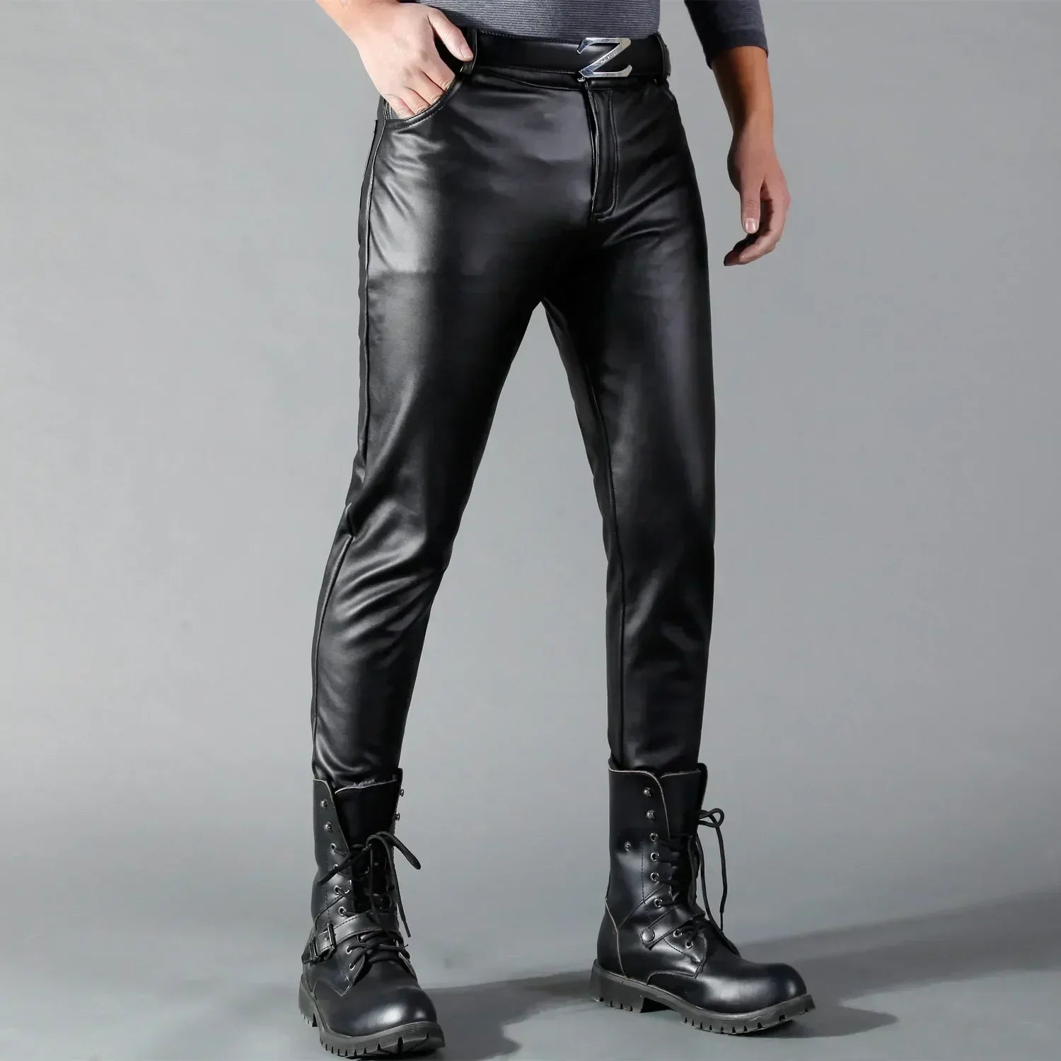 Faux Leather Pants – Black Stretch Skinny Faux Leather Pants for Men-Myra Lina