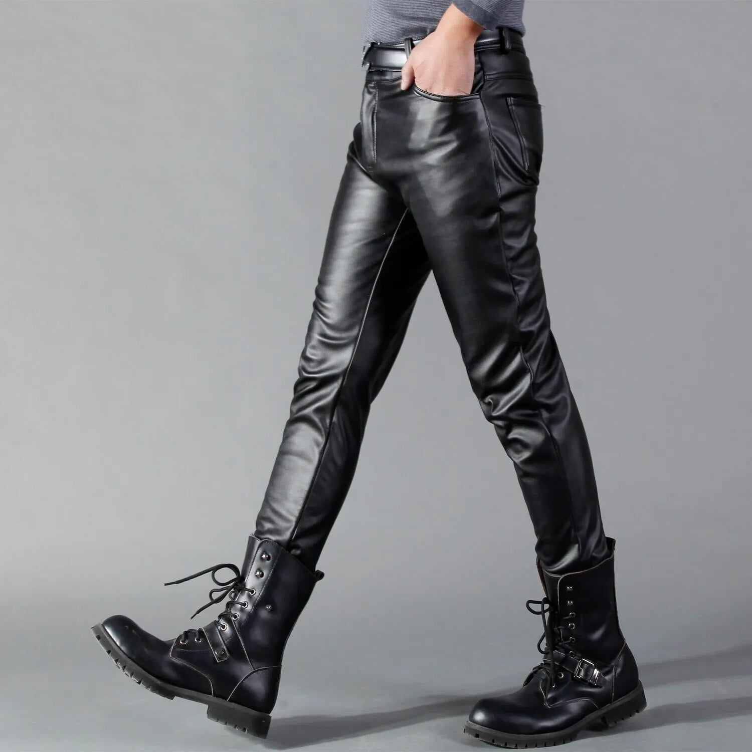 Faux Leather Pants – Black Stretch Skinny Faux Leather Pants for Men-Myra Lina